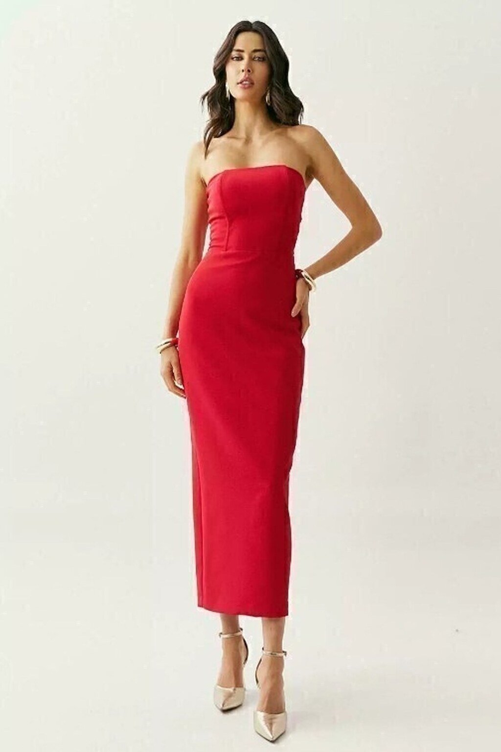 Lauren Strapless Tailored Maxi Dress – Red