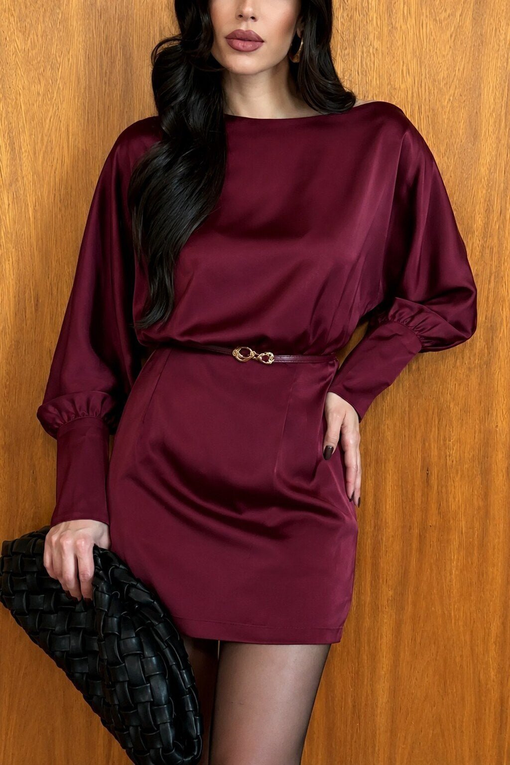 Luxor Satin Long-Sleeve Belted Mini Dress